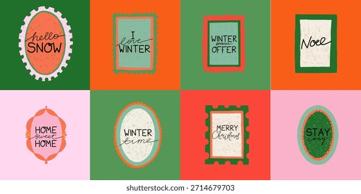Tarjetas de Navidad. Marco del crayón del garabato, Formas geométricas del doodle, Plantilla del diseño. Postal de invitación, elemento de cartel. Venta y descuento de emblemas creativos y etiquetas 2026 invierno. Conjunto aislado de Vector