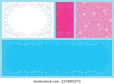 Christmas cards, seamless pattern and banner with copy space, ilex leaves and berries, bells, snowflakes and stars. Each element is isolated. Hand drawn illustration. Not AI created. Vector set.