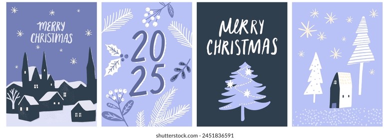 Christmas cards set, blue minimalistic winter village silhouettes, decorated spruce tree, 2025 typohraphy poster, cute little house in winter forest vector illustration.