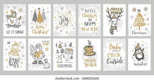 Christmas cards set. Calligraphic Christmas wishes. Hand drawn cute pictures: Deer, Santa Claus, Christmas tree, penguin, isolated on a white background. Handwritten lettering. Vector illustration