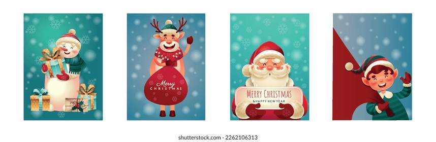 Christmas cards set. Collection of posters or banners for website. Winter holidays and New Year season, present and surprise, gift. Cartoon flat vector illustrations isolated on white background