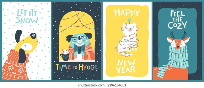 Christmas cards set with cute animals and funny inscriptions. Vector cartoon illustration in simple childish hand drawn cartoon style. The limited palette is ideal for printing