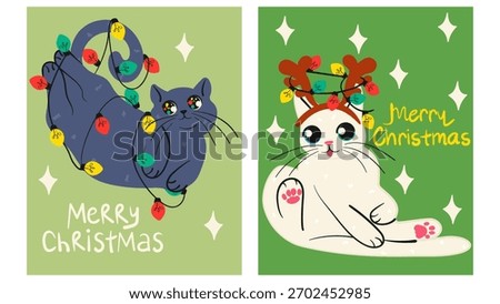 Christmas cards set with cute cat tangled in decorative Christmas lights, reindeer horns. Hand drawn vector design perfect for greeting cards, posters, and seasonal promotions.	