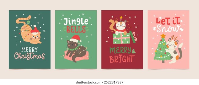 Christmas cards set. Cute funny cats characters with hand drawn lettering. Vector illustration design template