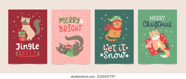 Conjunto de tarjetas de Navidad. Personajes de gatos divertidos lindos con letras dibujadas a mano. Plantillas de diseño de Ilustración vectorial