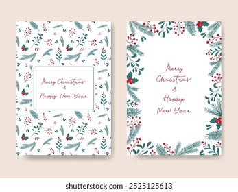 Cartões de Natal definidos com plantas de inverno verde bonito. Holly Pine abeto abeto Mistletoe ramos folhas de bagas. Ano Novo Festivo natural Quadro fundos. Modelo para Cartaz de convite de Cartaz