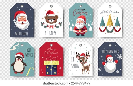 Christmas cards set with cute winter characters. Happy celebrate xmas tags, label, decorative elements. 