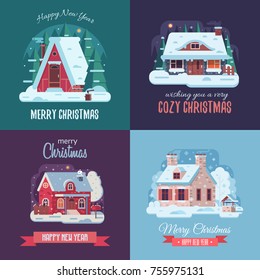 Christmas cards set with forest winter houses on countryside background. Xmas congratulation postcards with snowy countryside cottages and farmhouses on rural landscape in flat and cartoon style.