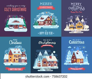 Christmas cards set with forest winter houses and homes on countryside background. Xmas congratulation postcards with snowy cottages and farmhouses on rural landscape in flat and cartoon style.