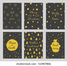 Christmas cards set, gift tags with golden elements, calligraphy writing
