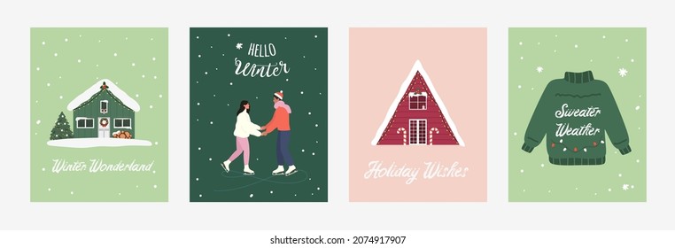 Christmas cards set. Hand drawn Christmas, New Year, Winter illustrations. Vector