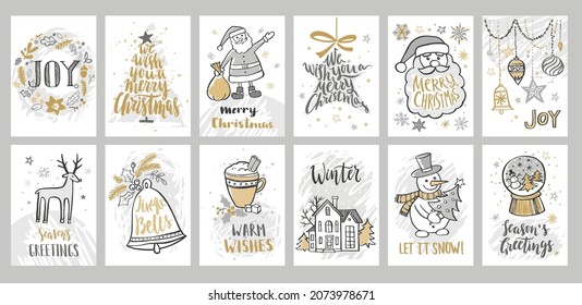 Christmas cards set. Handwritten lettering. Hand drawn cute winter pictures: Snowman, Deer, Santa Claus, Christmas tree, toys, bells, snowflakes isolated on a white background. Vector illustration.