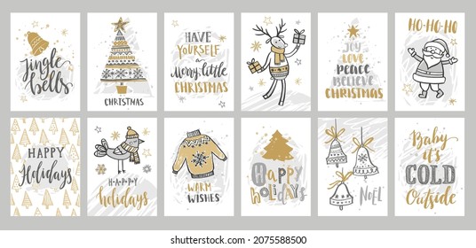 Christmas cards set. Handwritten lettering. Hand drawn cute pictures: Deer, Santa Claus, Bells, Christmas tree isolated on a white background. Vector illustration.