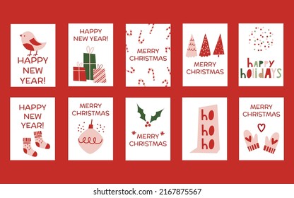 Christmas Cards set. Holiday Winter vector cards with bird, gift boxes, Christmas tree, socks, mistletoe, bauble