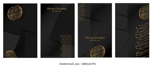 Christmas cards set of invitation banners base for text or print gold design black background abstract shiny color golden