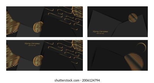 Christmas cards set of invitation banners base for text or print gold design black background abstract shiny color golden