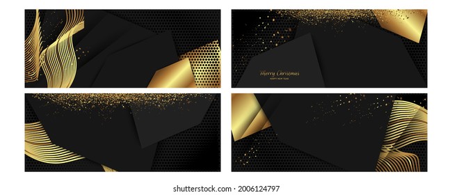Christmas cards set of invitation banners base for text or print gold design black background abstract shiny color golden