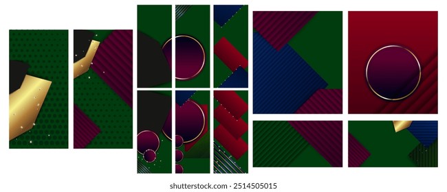 Christmas cards set of invitation banners base for text or print gold design Green Red Blue background abstract shiny color golden