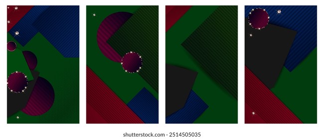 Christmas cards set of invitation banners base for text or print gold design Green Red Blue background abstract shiny color golden