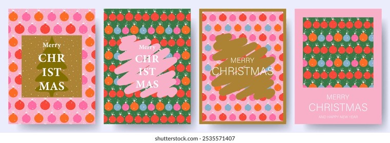 Christmas cards set. Modern Christmas design with Christmas balls and lettering . Trendy hand drawn illustration for season banner, poster, cover. Vector illustration.