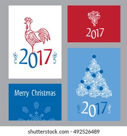 Christmas Cards Set with rooster. Vector illustration.