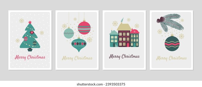 Christmas cards set simple minimal style. Vector illustration of greeting designs in flat cartoon style with set of decorative elements.