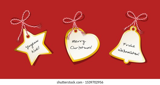Christmas cards set, star, heart and bell with international greetings in german, english and french, labels collection, 
gift tags set with gold rim and ribbon bow,
Vector illustration isolated on wh