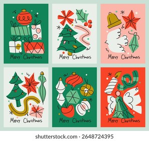 Christmas cards set with stylish hand drawn elements like Christmas tree, angel, gift, candle and Christmas ball. Elegant vector illustration with holiday retro decor
