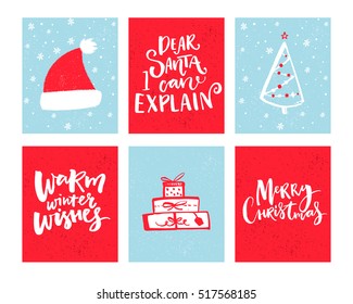 Christmas cards set. Vector Christmas design with hand drawn elements and lettering. Dear Santa, let me explain. Warm winter wishes.