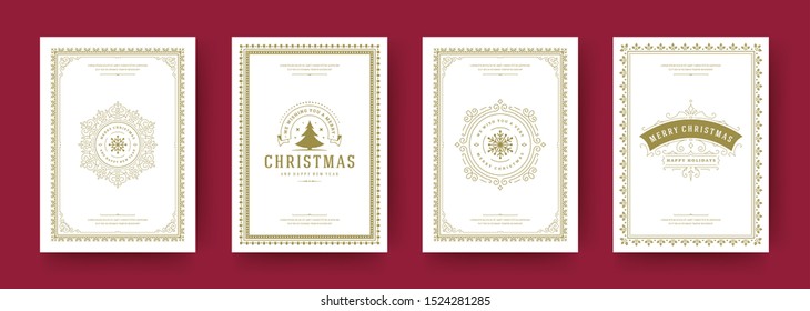 Christmas cards set vintage typographic design, ornate decorations symbols with winter holidays wishes, floral ornaments and flourish frames. Vector illustration.
