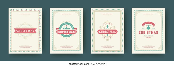 Christmas cards set vintage typographic design, ornate decorations symbols with winter holidays wishes, floral ornaments and flourish frames. Vector illustration.