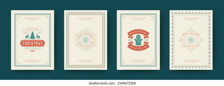 Christmas cards set vintage typographic design, ornate decorations symbols with winter holidays wishes, floral ornaments and flourish frames. Vector illustration.