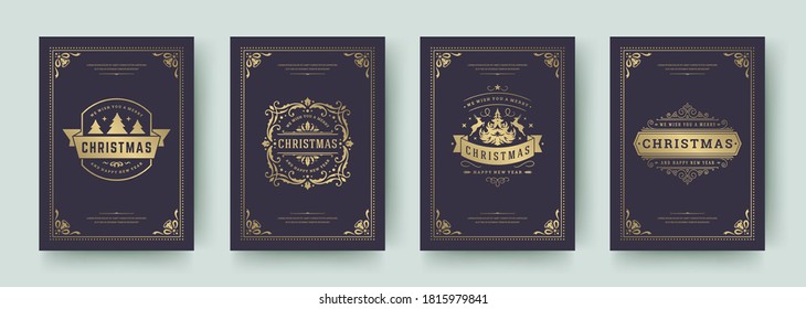 Christmas cards set vintage typographic qoutes design vector illustration. Ornate decorations symbols with winter holidays wishes and flourish ornament flourish frames.