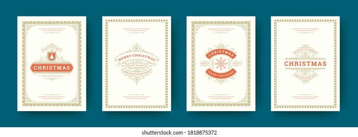 Christmas cards set vintage typographic design, ornate decorations symbols with winter holidays wishes, floral ornaments and flourish frames. Vector illustration.