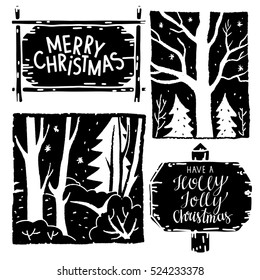 Christmas cards set. Winter forest, trees, road sign, wooden board hand drawn. Merry christmas, Have a Holly Jolly Christmas hand written font. Black and white