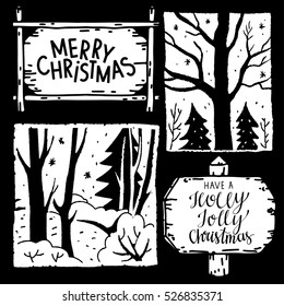 Christmas cards set. Winter forest, trees, road sign, wooden board hand drawn. Merry christmas, Have a Holly Jolly Christmas hand written font. Black and white