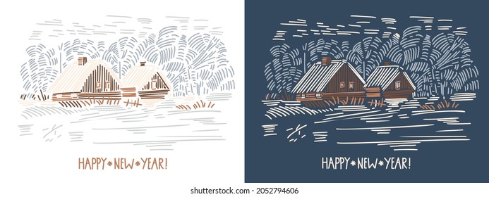 Christmas cards and small village  Day   night  Imitation linocut  Vector illustration
