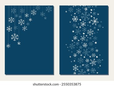 Cartões de Natal com flocos de neve. Ilustração vetorial de rabiscar no plano de fundo azul.