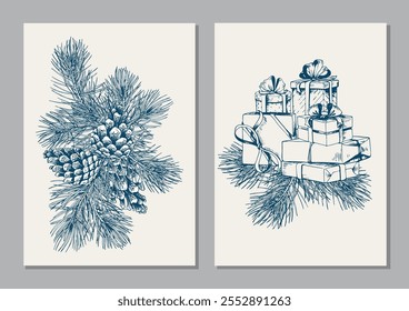 Christmas cards with stack of gift boxes, pine branches and cones. Hand drawn vector illustration.