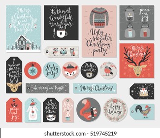 Christmas cards and tags set, hand drawn style. Vector illustration.