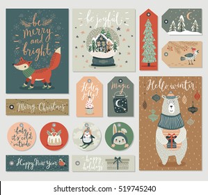 Christmas cards and tags set, hand drawn style. Vector illustration.