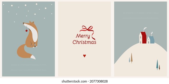 Christmas cards template vector set. Adorable christmas card with fox, hills and houses. New year social media template