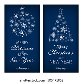 Christmas cards with tree and ball composed from snowflakes.