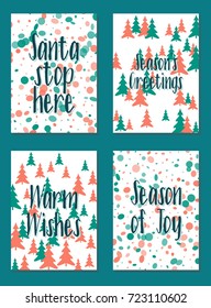 Christmas cards vector collection with lettering and modern background patterns graphic design. Colorful winter holidays greeting cards set, xmas banner templates, Christmas postcards collection.