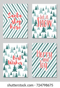 Christmas cards vector collection with lettering and modern background patterns graphic design. Colorful winter holidays greeting cards set, xmas banner templates, Christmas postcards collection.