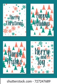 Christmas cards vector collection with lettering and modern background patterns graphic design. Colorful winter holidays greeting cards set, xmas banner templates, Christmas postcards collection.