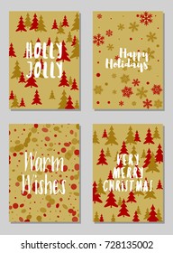 Christmas cards vector collection with lettering and modern background patterns graphic design. Colorful winter holidays greeting cards set, xmas banner templates, Christmas postcards collection.
