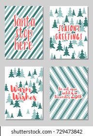 Christmas cards vector collection with lettering and modern background patterns graphic design. Colorful winter holidays greeting cards set, xmas banner templates, Christmas postcards collection.