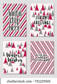 Christmas cards vector collection with lettering and modern background patterns graphic design. Colorful winter holidays greeting cards set, xmas banner templates, Christmas postcards collection.