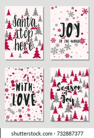 Christmas cards vector collection with lettering and modern background patterns graphic design. Colorful winter holidays greeting cards set, xmas banner templates, Christmas postcards collection.
